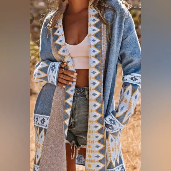 Gorgeous Fabulous Aztec Print Knit Cardigan, Vintage Long Sleeve Sweater NWT NEW - Picture 4 of 6